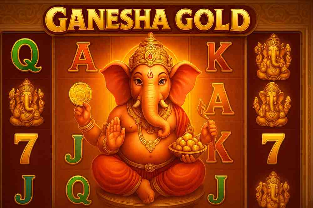 Ganesha Gold 9FUN slot com símbolos dourados e tema oriental