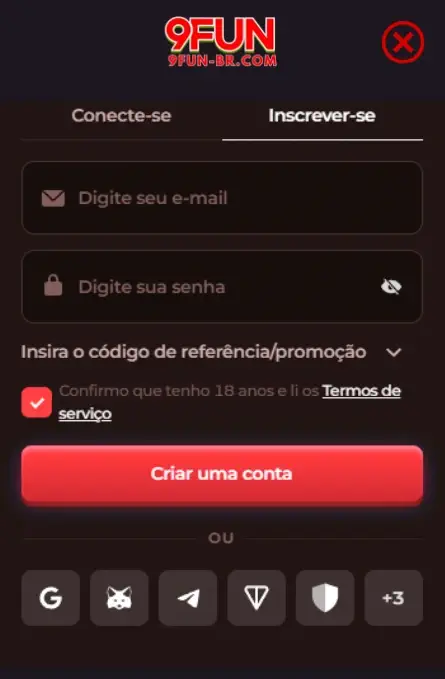 Cadastro rápido no 9FUN cassino Brasil